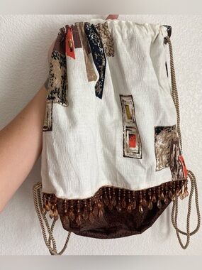 Vintage drawstring beaded fringe patchwork backpack